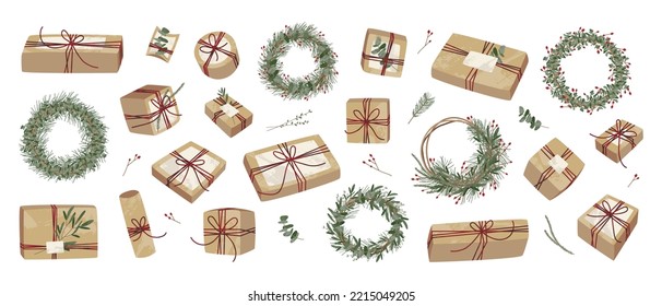 Christmas presents in kraft wrapping paper. Rustic craft gift box. Handmade decoration, DIY. Xmas and New Year celebration. Vector flat cartoon illustration