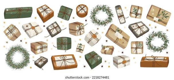 Christmas presents in kraft wrapping paper. Rustic craft gift box. Handmade decoration, DIY. Xmas and New Year celebration. Vector flat cartoon illustration