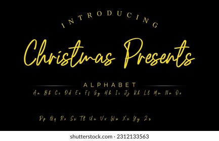 Navidad Presenta el tipo de letra de la firma de letras aislado en el fondo gris. alfabeto de estilo brus. Letras del logotipo del vector.