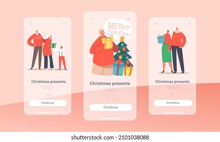 Christmas Presents Mobile App Page Onboard Screen Template. Happy Family Parents, Grandparents and Kids Celebrate Eve at Home near Fir-Tree, Holidays Concept. Cartoon People Vector Illustration