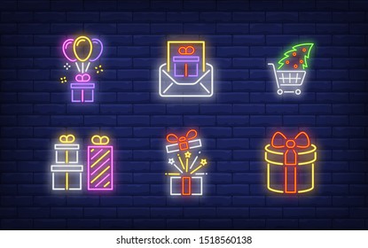 Christmas presents neon sign set. Gift boxes, tree in shopping cart, mail, air balloons. Vector illustration in neon style, bright banner for topics like Xmas, New Year, December sale