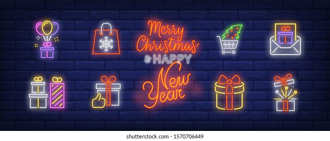 Christmas presents neon sign set. Gift boxes, tree in shopping cart, mail, air balloons. Vector illustration in neon style, bright banner for topics like Xmas, New Year, December sale