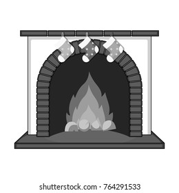 Christmas presents on the fireplace single icon in monochrome style for design. Christmas vector symbol stock illustration web.