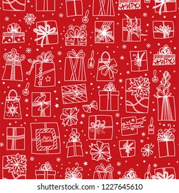Christmas presents on red background. Seamless pattern. Hand drawn cartoon gift boxes in various shapes. Vector illustration .
