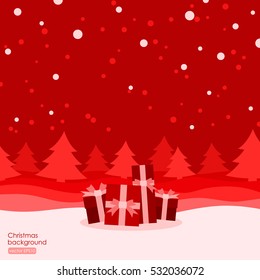 Christmas presents on snow, greeting card poster, flat style vector background