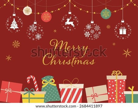 Christmas presents and ornaments background red_with text_vector illustration