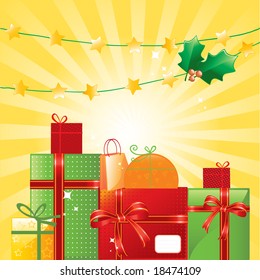 Christmas presents and ornaments on shiny background, vector illustration