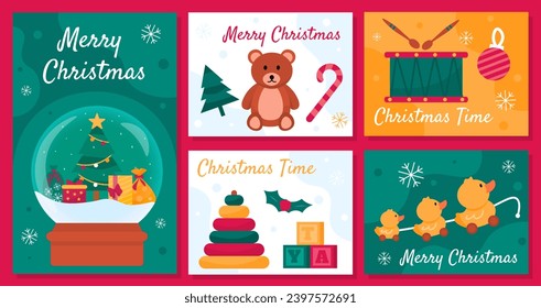 Navidad presenta afiches preparados. Año Nuevo y vacaciones de invierno. Balón de cristal, juguetes coloridos y árbol de Navidad con oso de peluche. Colección vectorial plana de dibujos animados aislada sobre fondo rojo