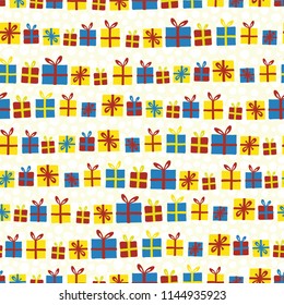 Christmas presents in a row seamless vector pattern. Gift boxes with bows red, yellow and blue on white and beige snowflakes background. For Christmas gift wrap, fabric, scrap booking, and backgrounds