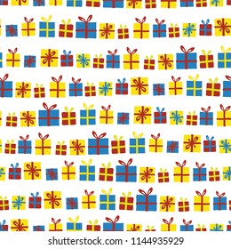 Christmas presents in a row seamless vector pattern. Gift boxes with bows red, yellow and blue on white background. For Birthdays, Christmas gift wrap, fabric, scrap booking, and backgrounds