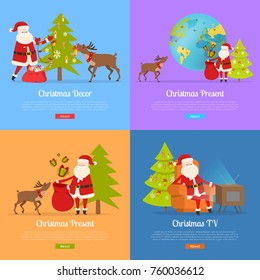 Christmas presents and Santa Claus on color backgrounds web banner. Santa and big reindeer decorate fir tree, send presents for children around world. Vector illustration of Nicolas activities