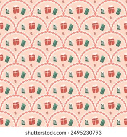 Weihnachten präsentiert Jakobsmuschel nahtlose Muster. Happy Neuen Jahre Bogen wiederholen Hintergrund. Yuletide Retro Endlosdesign. Weihnachtsmusiken Eva Geschenke Oberfläche. Vektorgrafik Handgezeichnete flache Illustration.