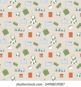 Christmas presents seamless pattern. Happy New Year various gifts surface design background. Vector outline illustration.