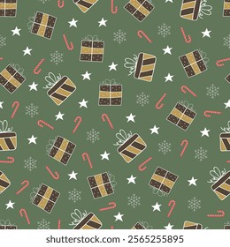 Christmas presents seamless pattern. Holly jolly Xams surface design of Merry Christmas present boxes, snowflakes, stars and candy canes on green background.