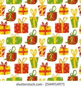 Christmas presents seamless pattern. New Year background with colourful gift boxes. Vector hand drawn print isolated on white background. Illustration for printing, packaging, wrapping paper