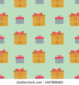 Christmas presents seamless pattern on mint green background.  Flat style illustration. Greeting card, poster, design element. Vector