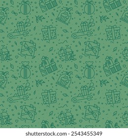 La Navidad presenta un patrón sin fisuras - regalos de Navidad fondo de color verde - Vector lineal minimalista. Envoltura japonesa, caja de regalos, nudo, cinta, Año Nuevo, Días festivos, Elementos florales - Decoración de cumpleaños