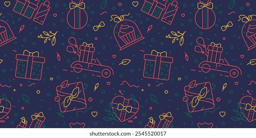 Natal apresenta padrão sem costura - presentes de Natal no fundo índigo - Vetor minimalista linear. Envolvimento japonês, presentes de caixa, nó, fita, Ano Novo, Feriados, elementos florais - Decoração de aniversário