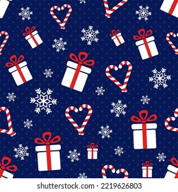 regalos de Navidad. Ilustración vectorial impecable con cajas de regalo, latas de dulces y copos de nieve. Fondo de invierno