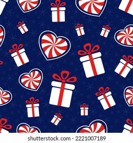 Christmas presents. Seamless vector illustration with gift boxes and candy canes. Winter backdrop