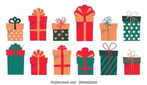 Christmas presents set, different boxes with ribbons, Vector illustration in flat style