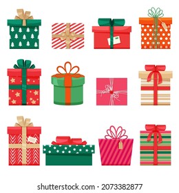 Juego de regalos de Navidad, diferentes cajas con cintas. Cuadros de regalo coloridos para el diseño de la decoración sobre fondo blanco. Ilustración vectorial en estilo plano