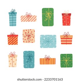 Christmas presents set, different boxes with ribbons, Vector illustration in flat cartoon style.