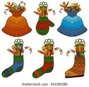 Christmas presents set. Santa Claus bags, socks, glove, boot with gifts, candy canes, sweets, gingerbread men. Abstract vector isolated illustration. Hand-drawn collection. Eps 8.