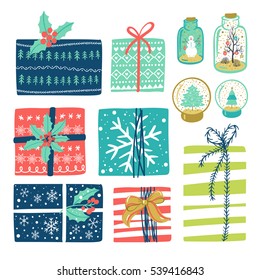 Christmas presents set. Vector winter holidays elements.