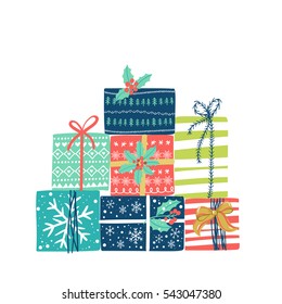 Christmas presents set. Vector winter holidays background.