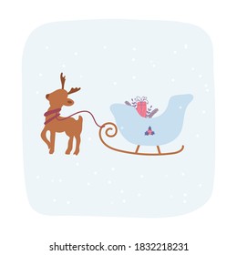 Christmas presents in sleigh with deer. Vector illustration for New Year of the bull. Simple trendy illustration for postcards, posters.