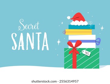 Christmas presents in a snow with a Secret Santa tag and red hat on top for traditional gift exchange. Festive gift boxes and sparkling stars for magical atmosphere