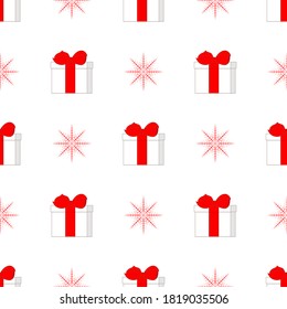 Christmas presents and snowflakes seamless pattern. Flat white gift boxes with ribbon and bow and red stars on white background. Vector for new year holidays, celebration backdrop, gift wrapper print.