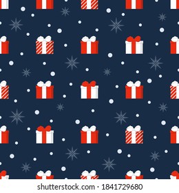 Regalos de Navidad y copos de nieve sin fisuras. Cajas de regalo blancas, rojas, con cinta y arco y estrellas en un fondo azul profundo. Año nuevo, vacaciones de invierno, telón de fondo de celebración, impresión de envoltura de regalo.