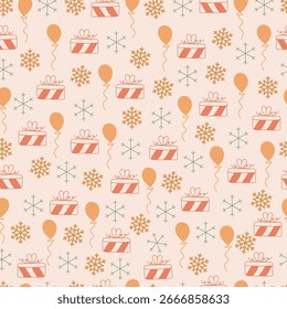 Christmas presents and snowflakes vector seamless pattern. Xams holiday surface design. Merry Christmas of gift boxes, snow crystals and balloons. Allover print Christmassy texture on pink background.