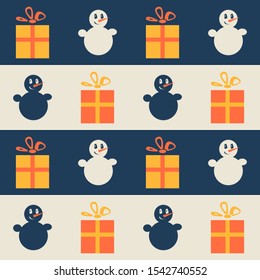 Christmas presents and snowmen. Seamless vector illustration with gift boxes and bows, funny snowmen
