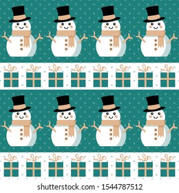 Christmas presents and snowmen. Seamless vector illustration with gift boxes and bows, funny snowmen