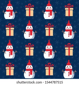 Christmas presents and snowmen. Seamless vector illustration with gift boxes and bows, funny snowmen