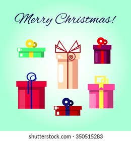 Christmas presents - stock vector. Christmas design for greeting card. Christmas presents isolated on blue background. Happy New Year design.  Christmas presents in flat style.