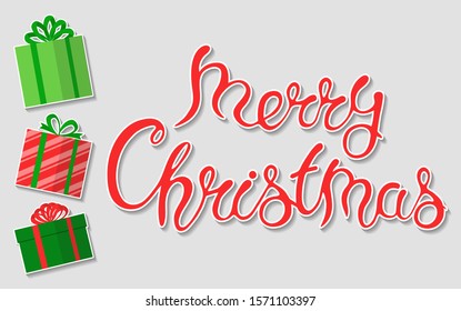 Christmas presents and text. Template holiday card, banner, poster, flyer, vector illustration.