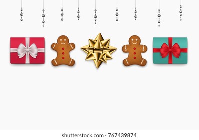 Christmas presents top view on a white background. Boxes with gifts, biscuits, bow, garlands.