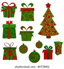 Christmas presents, tree and baubles.