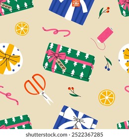 Christmas presents wrapping process seamless pattern. Packaging gift box in wrapping paper. Various tools on table. Flat vector illustration.