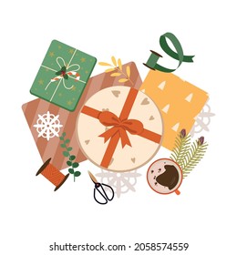 Christmas presents wrapping process top view vector illustration. Winter holiday surprises and gift box packaging. Preparing for the holiday, wrapping gifts. Xmas and New Year celebration preparation.