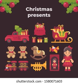 Christmas presnts collection. Toys and gifts flat illustration
