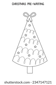 Christmas pre-writing worksheet for kids. Black and white Christmas tree.