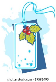 Christmas price tag with holly berry on a blue background.