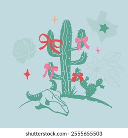 Christmas prickly mexican cactus with a cow skull, vector Xmas holiday dessert plant. Vector saguaro cactus with cute red and pink bows, flowers and lights. Greeting card on a pastel blue background.