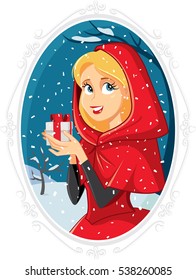 Christmas Princess With Gift Box in Winter Outside - Vector illustration of a girl in read hood cape holding a present 
