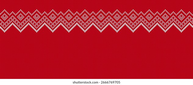 Borda de impressão de Natal. Vermelho Xmas ornamento sem costura. Fair isle fundo de férias tradicional. Padrão geométrico tricotado. Suéter festivo. Ilustração vetorial.